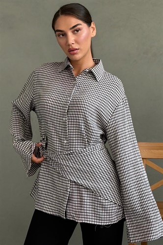 Siyah Fular Detaylı Kare Desenli Kadın Gömlek MG2783