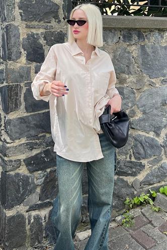 Bej Oversize Basic Cepli Poplin Gömlek MG1530