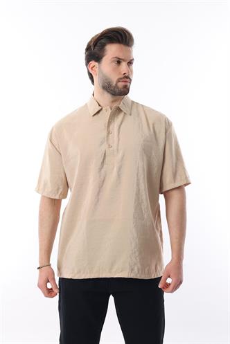 Bej Oversize Rahat Kesim Kısa Kollu Gömlek 6744
