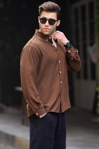 Kahverengi Uzun Kollu Oversize Erkek Gömlek 6735