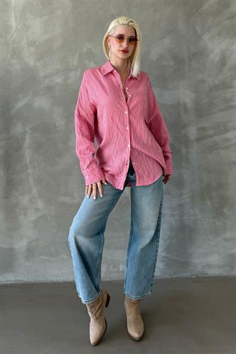 Pembe Çizgili Oversize Kadın Gömlek Mg2327