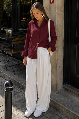 Bordo Muslin Kumaş Basic Kadın Gömlek MG1660