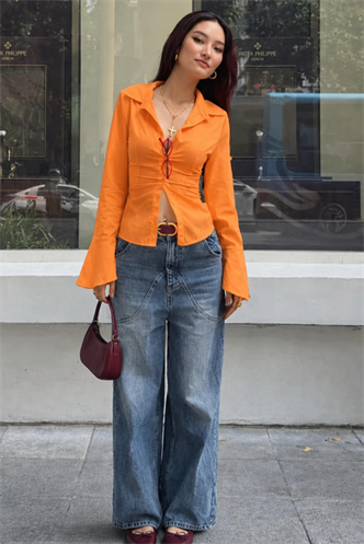 Turuncu Vücuda Oturan Slim Fit Kadın Gömlek MG2659