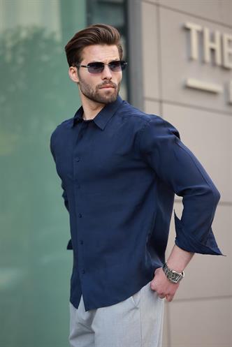 Lacivert  Basic Uzun Kollu Erkek Gömlek E6762