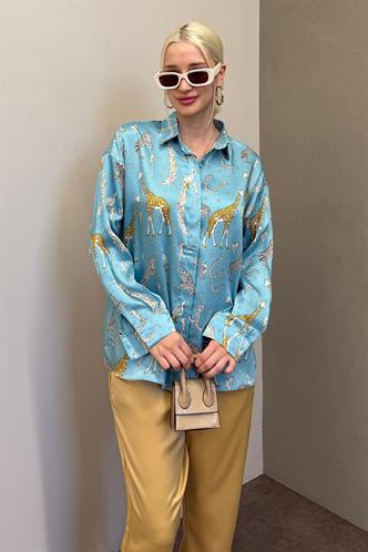 Mad Girls Leoparlı Turkuaz Saten Gömlek MG187