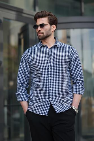 Lacivert Pötikareli Uzun Kollu Erkek Gömlek E6763