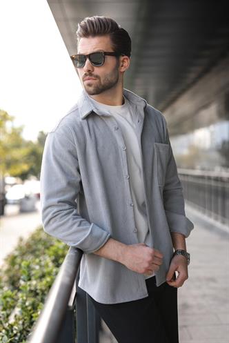 Gri Düğmeli Kadife Erkek Gömlek E6766