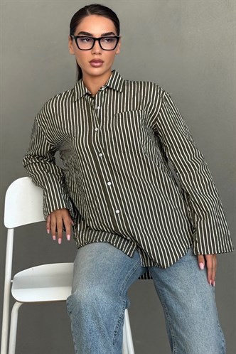 Haki Çizgili Sendy Kumaş Kadın Gömlek MG2834