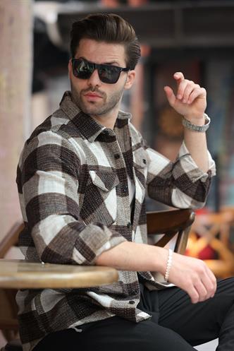 Kahverengi Desenli Göğüs Cepli Erkek Polar Gömlek 6754