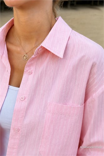 Pembe Çizgili Oversize Kadın Gömlek MG2093