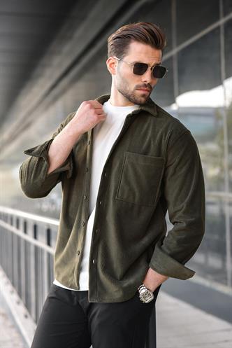 Haki Düğmeli Kadife Erkek Gömlek E6766