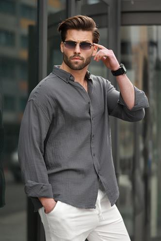 Antrasit Basic %100 Pamuklu Uzun Kollu Erkek Gömlek E6761