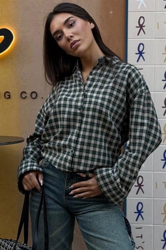 Yeşil Oversize Kareli Kadın Gömlek MG2822
