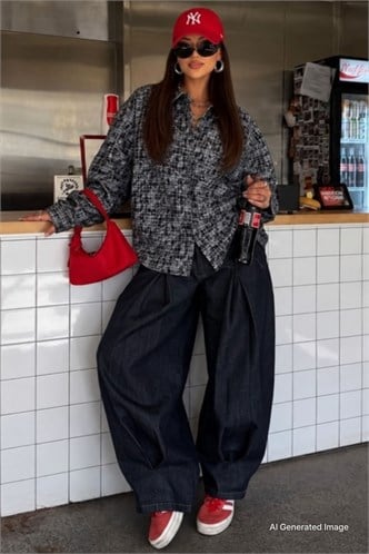Siyah Ekose Desen Oversize Kadın Gömlek MG2900