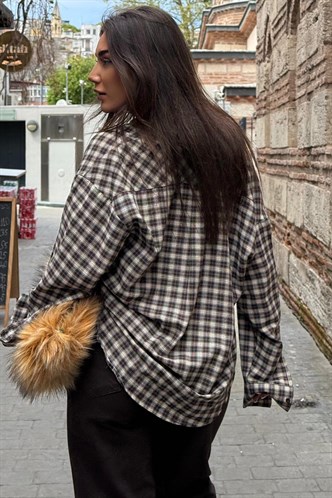 Camel Oversize Kareli Kadın Gömlek MG2822