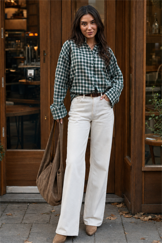 Yeşil Oversize Kareli Kadın Gömlek MG2822