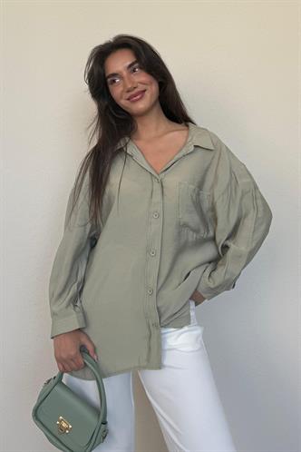 Mint Yeşili Cepli Kadın Uzun Kollu Gömlek MG2409