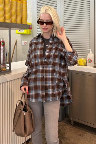 Bebe Mavisi Oversize Ekose Desenli Kadın Gömlek MG2589