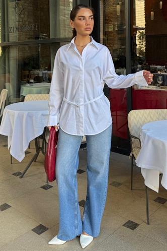 Beyaz Kemer Detaylı Oversize Kadın Gömlek MG2585