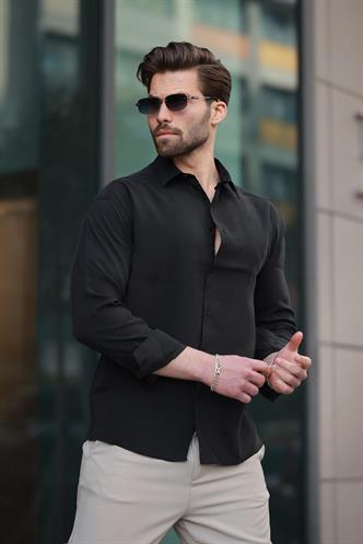 Siyah Basic Uzun Kollu Erkek Gömlek E6762