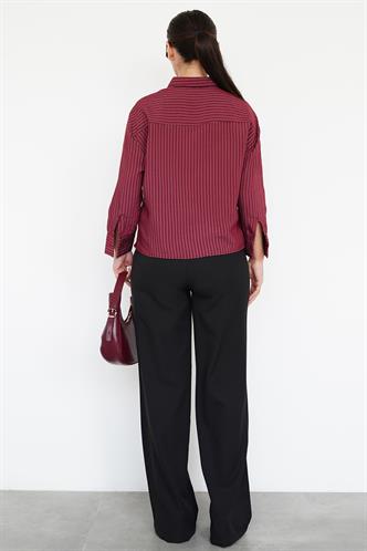 Bordo Çizgili Oversize Kadın Gömlek MG2093