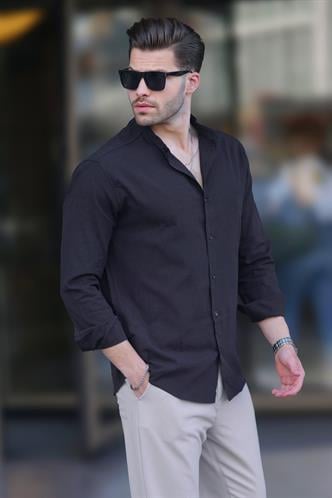 Siyah Hakim Yaka Keten Görünümlü Pamuklu Uzun Kollu Erkek Gömlek 6745