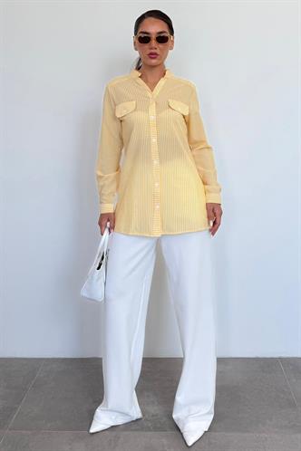 Sarı Çizgili Gofre Kumaş Kadın Oversize Gömlek MG1666