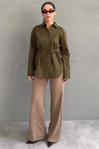 Haki Belden Bağlamalı Oversize Cepli Gömlek MG2798