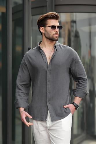 Antrasit Basic %100 Pamuklu Uzun Kollu Erkek Gömlek E6761