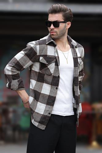 Kahverengi Desenli Göğüs Cepli Erkek Polar Gömlek 6754