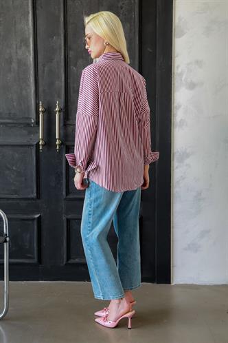 Bordo Çizgili Over Fit Gömlek MG1525