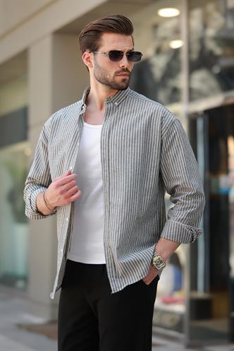 Siyah Çizgili Uzun Kollu Pamuklu Erkek Gömlek 6746