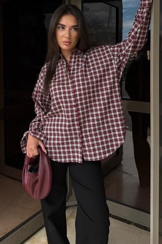 Kırmızı Oversize Kareli Kadın Gömlek MG2822
