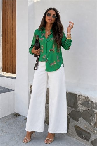 Mad Girls Green Designed Satin Shirt MG187