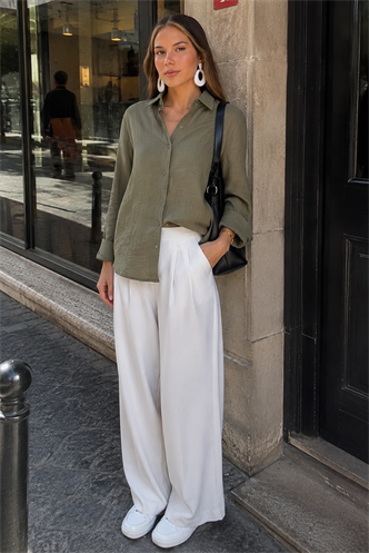 Haki Muslin Kumaş Basic Kadın Gömlek MG1660