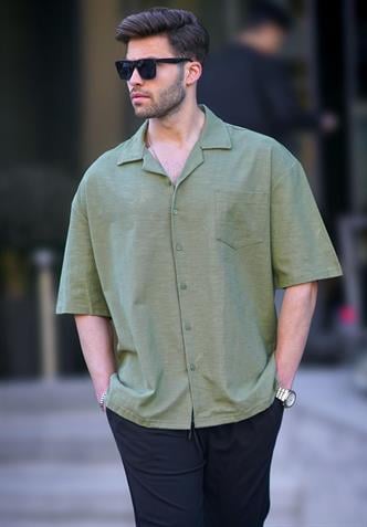 Haki Kısa Kollu Oversize Erkek Gömlek 6737