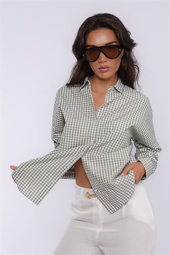 Haki Pötikareli Uzun Kollu Kadın Gömlek Mg2386