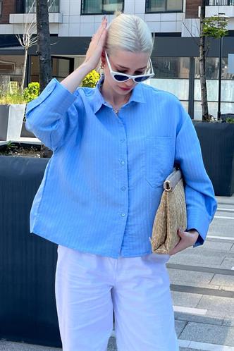 Mavi Çizgili Oversize Kadın Gömlek MG2093