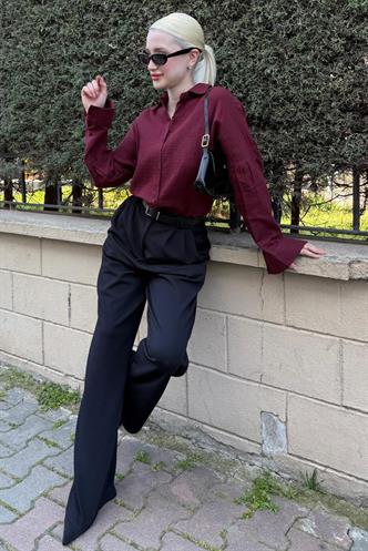 Bordo Muslin Kumaş Basic Kadın Gömlek MG1660