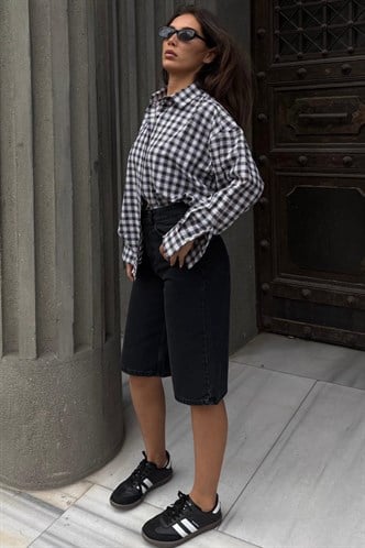 Siyah Oversize Kareli Kadın Gömlek MG2822