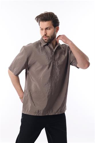 Kahverengi Oversize Rahat Kesim Kısa Kollu Gömlek 6744