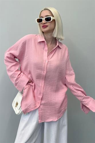 Pembe Muslin Kumaş Basic Kadın Gömlek MG1660