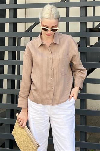 Camel Çizgili Oversize Kadın Gömlek MG2093