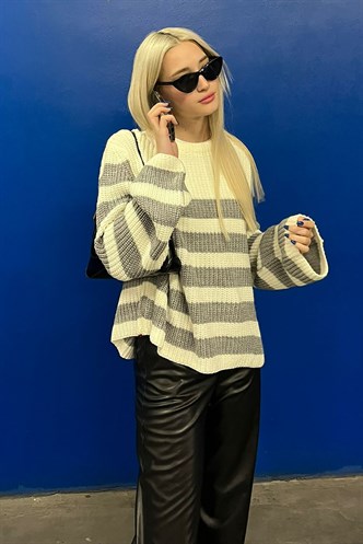 Mad Girls Gray Striped Sweater MG1298