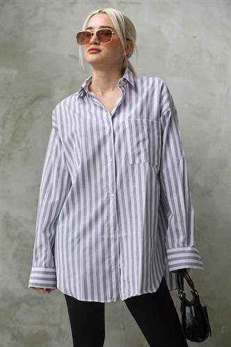 Gri Çizgili Oversize Kadın Gömlek MG1688