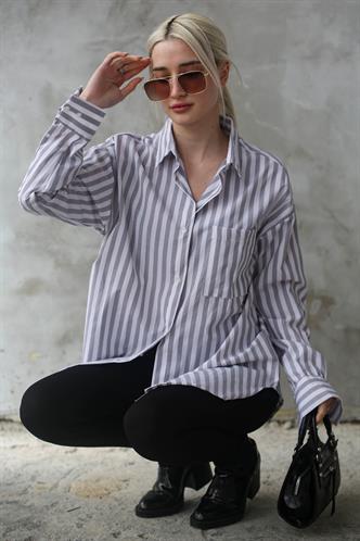 Gri Çizgili Oversize Kadın Gömlek MG1688