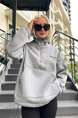 Gri Dik Yaka Fermuarlı Kadın Sweatshirt MG1935