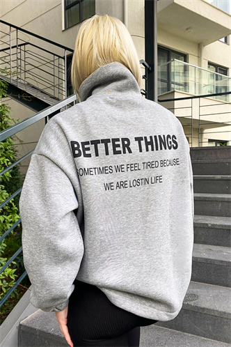 Gri Dik Yaka Fermuarlı Kadın Sweatshirt MG1935