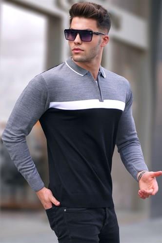 Gray Zipped Knitwear Polo Sweater 5787
