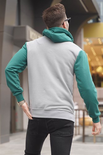 Gri Kapüşonlu Renk Bloklu Erkek Sweatshirt 6024